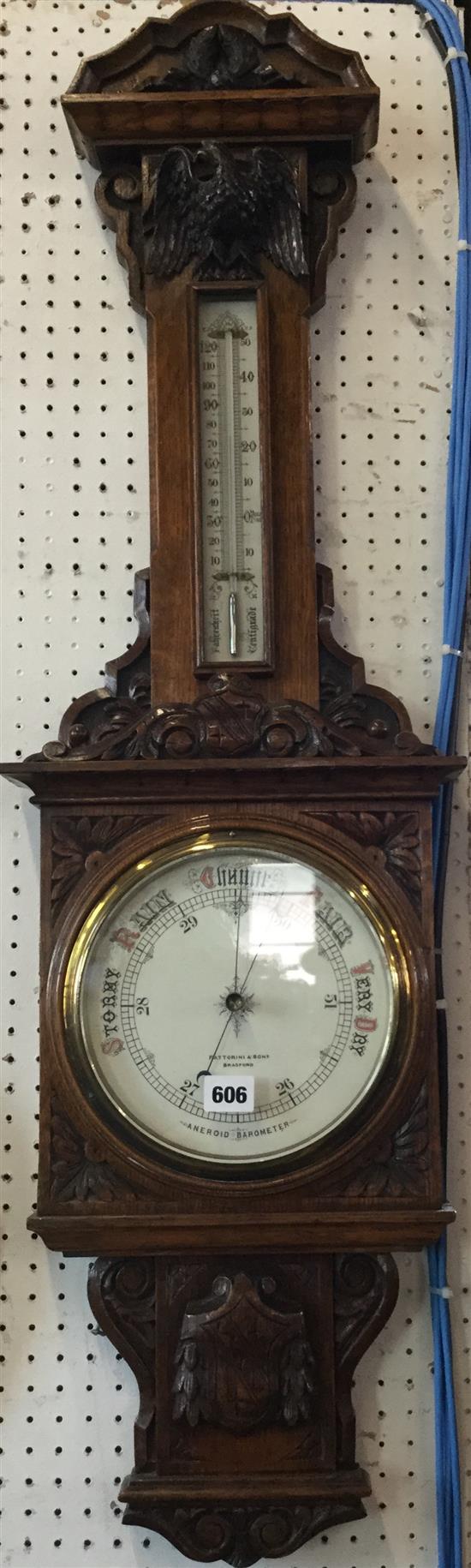 Carved oak Fattorini aneroid barometer & 2 others, both in carved oak